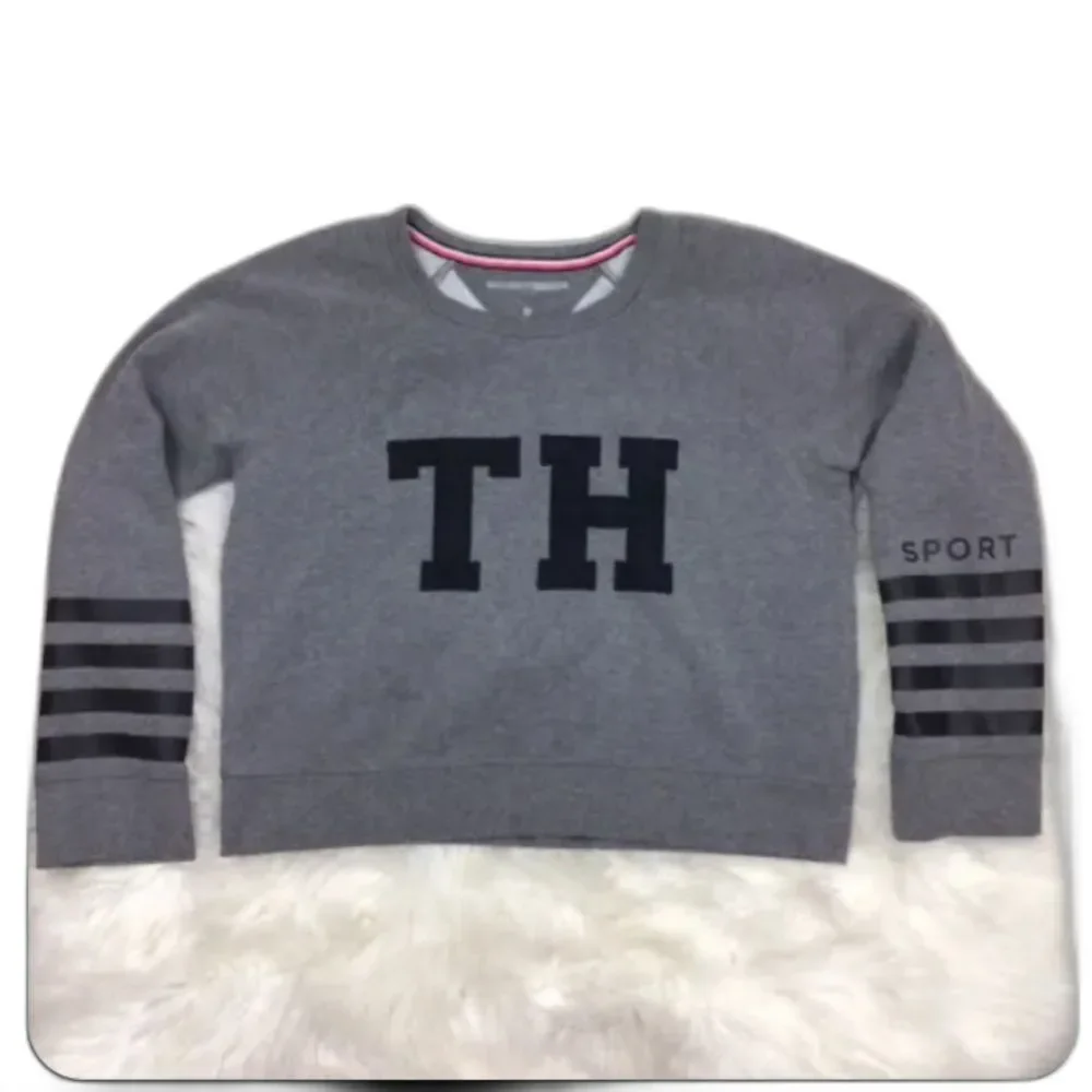 Tommy Hilfiger Sport Sweatshirt 1990's Y2K Cropped Gray Black Medium Preppy - Picture 2 of 5